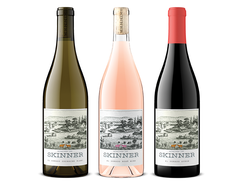 Three bottles of Skinner wine including El Dorado Grenache Blanc, El Dorado Rose Wine and El Dorado Syrah