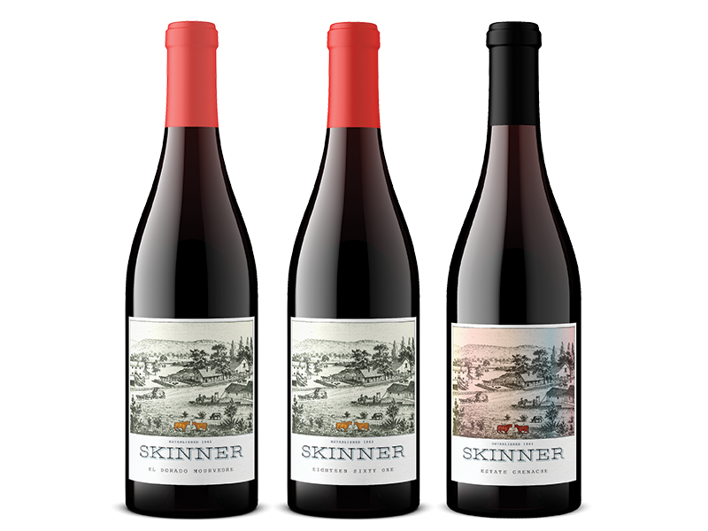 Three bottles of Skinner wine including El Dorado Mourvedre, Eighteen Sixty One and Estate Grenache